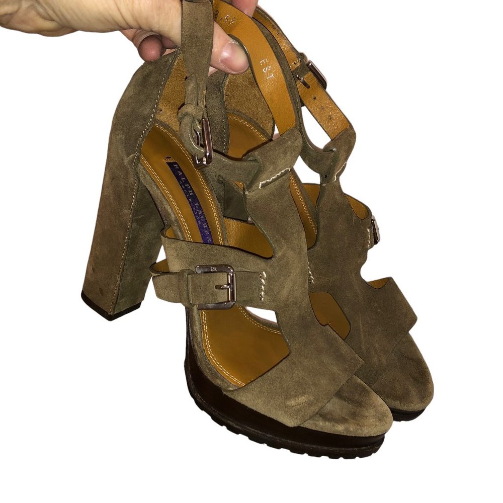 Ralph Lauren Purple Label Collection taupe suede leather lug sole sandal…